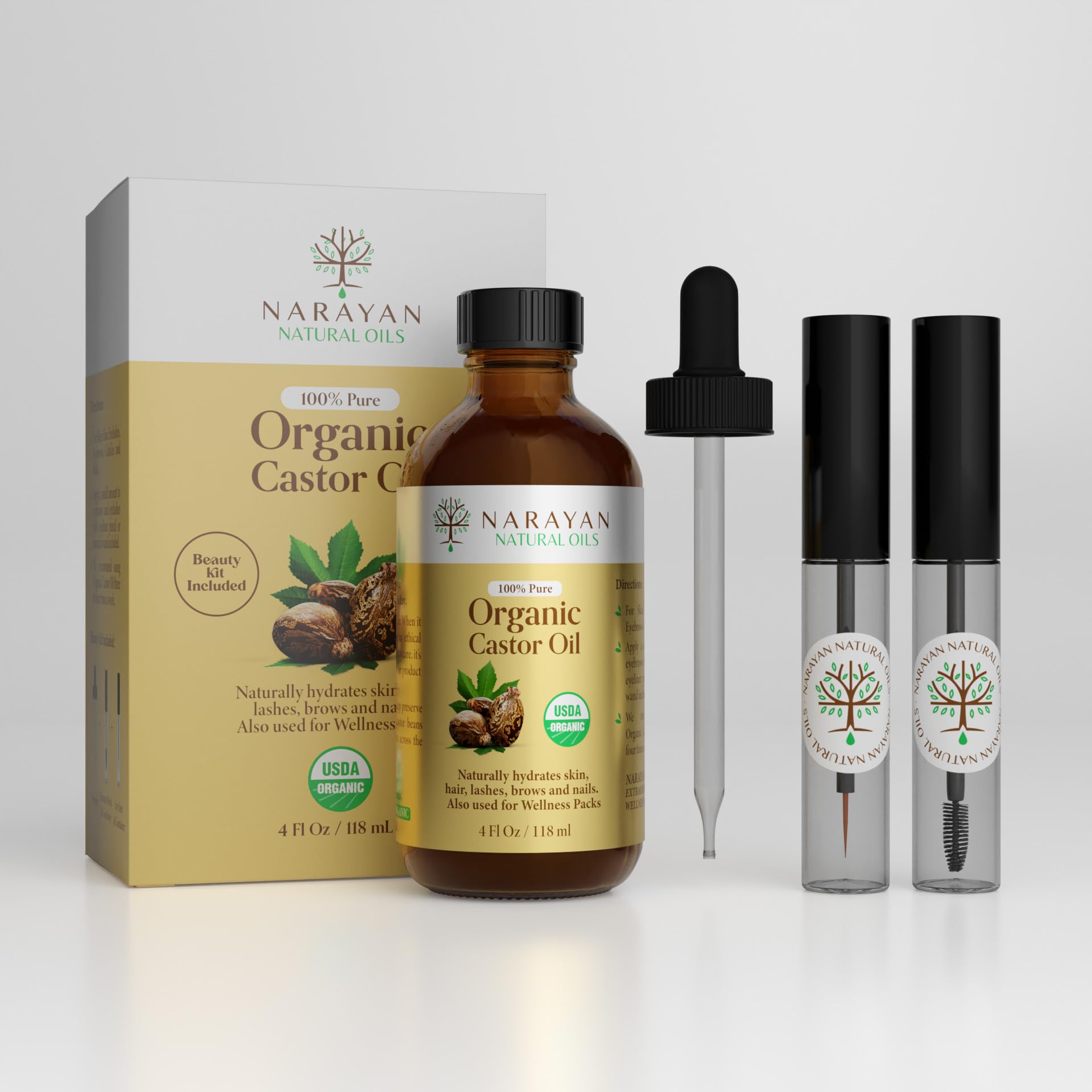 Zenvia Beauty Narayan Organic Castor Oil in a clear glass bottle with a dropper for skincare and haircare use