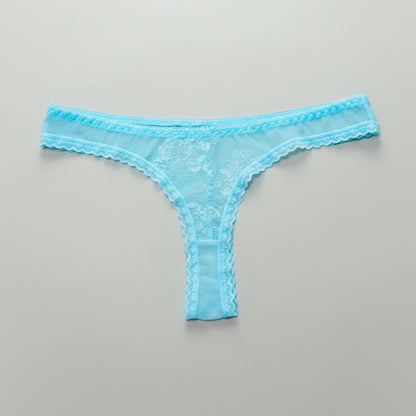 Blue lace thong on a white card with black text on a gray background