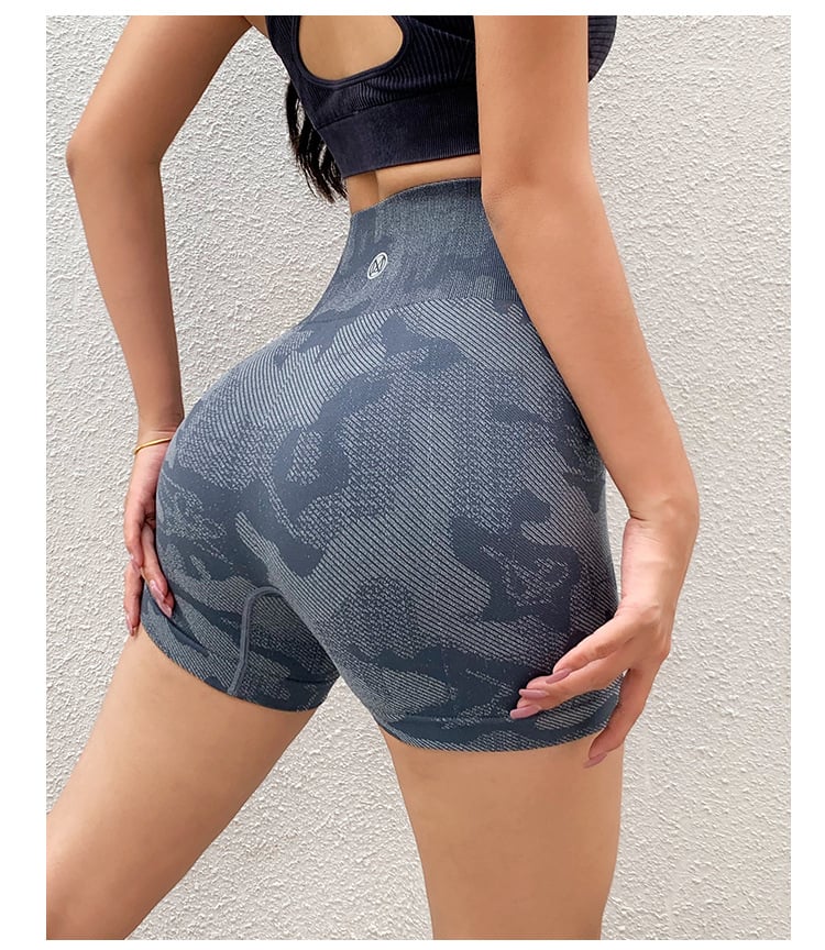 Women's high waist camouflage shorts by Zenvia Beauty, featuring a stylish green and brown camouflage pattern and a comfortable fit.