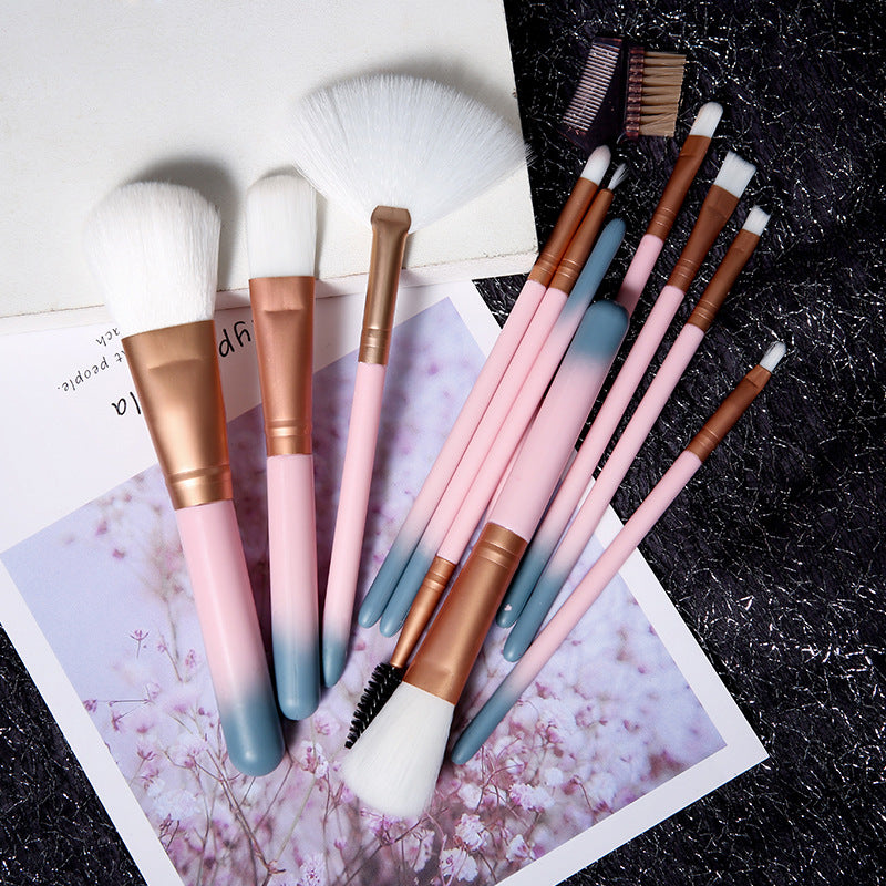 Set of 12 Zenvia Beauty makeup brushes with various brush heads arranged on a white background for flawless makeup application.