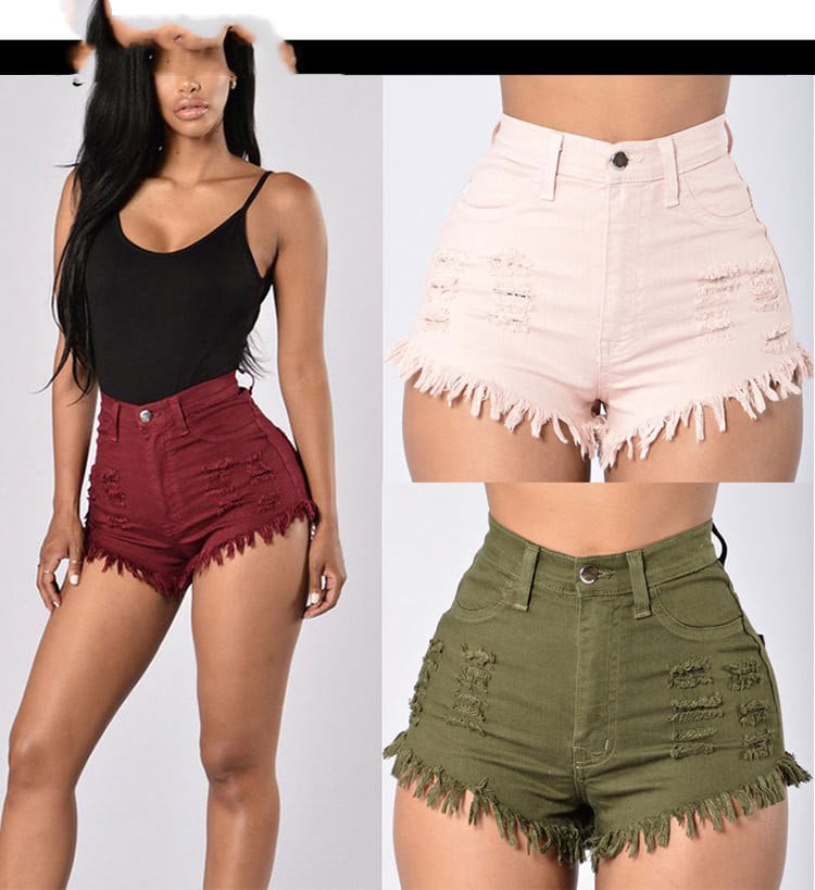 Women's stretchy frayed denim shorts by Zenvia Beauty, featuring distressed hems and lightweight, fitted denim fabric.