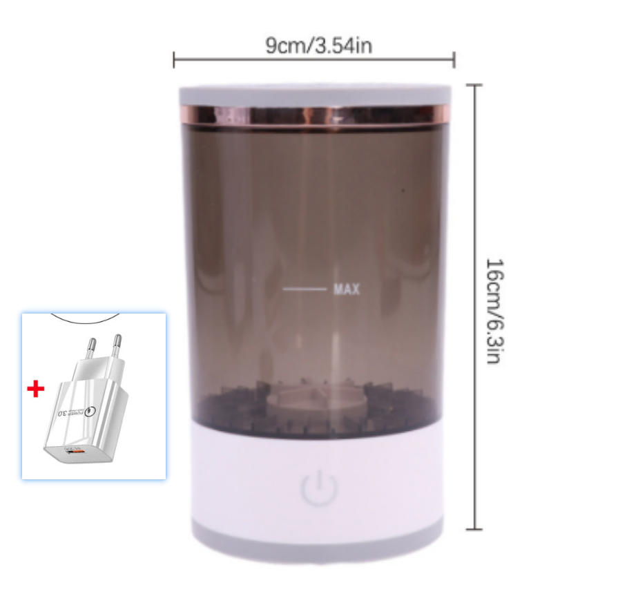 Zenvia Beauty electric makeup brush cleaner device with rotating cleaning head for efficient makeup brush cleaning.