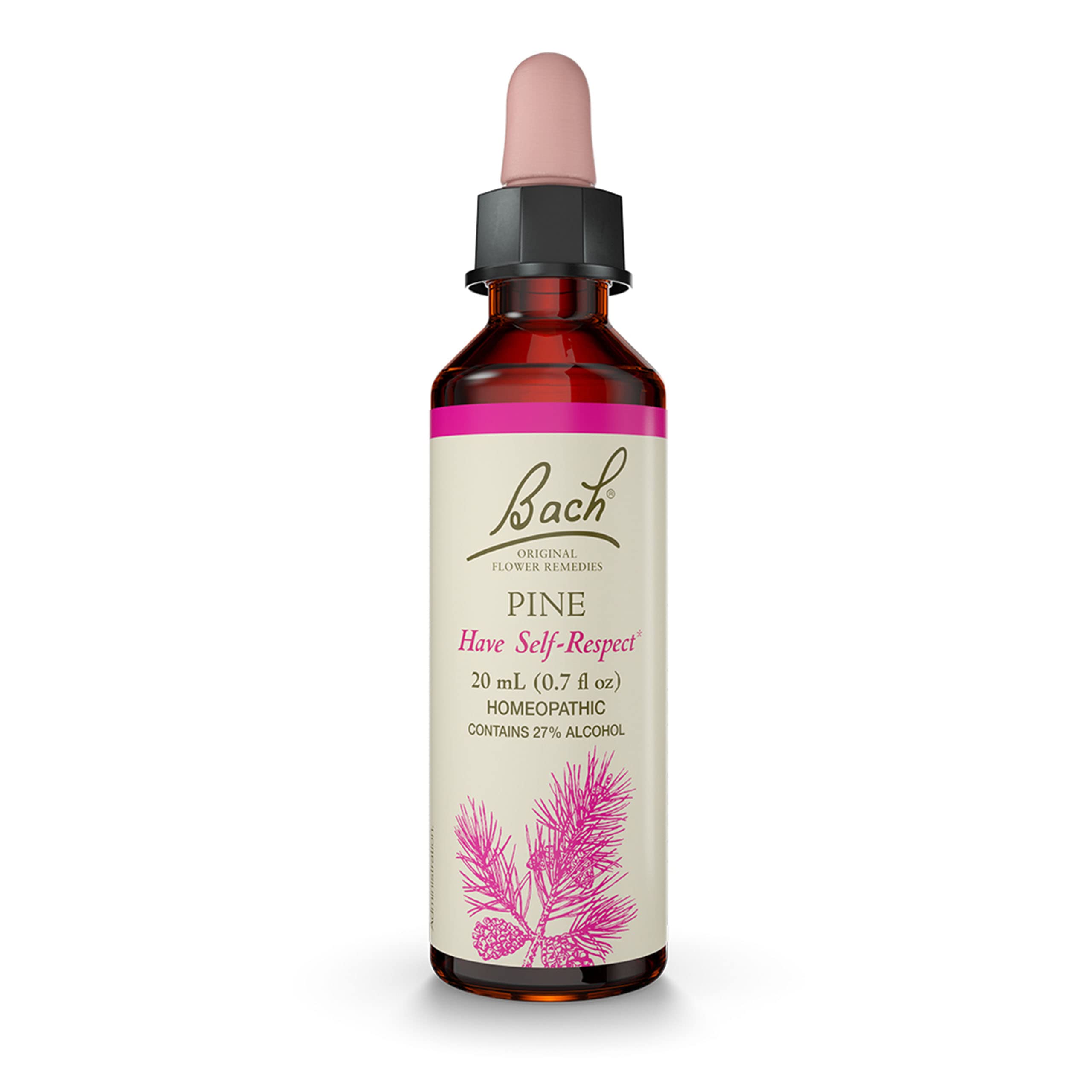 Bach Original Pine Flower Remedy by Zenvia Beauty in a glass bottle with a dropper for natural emotional support.