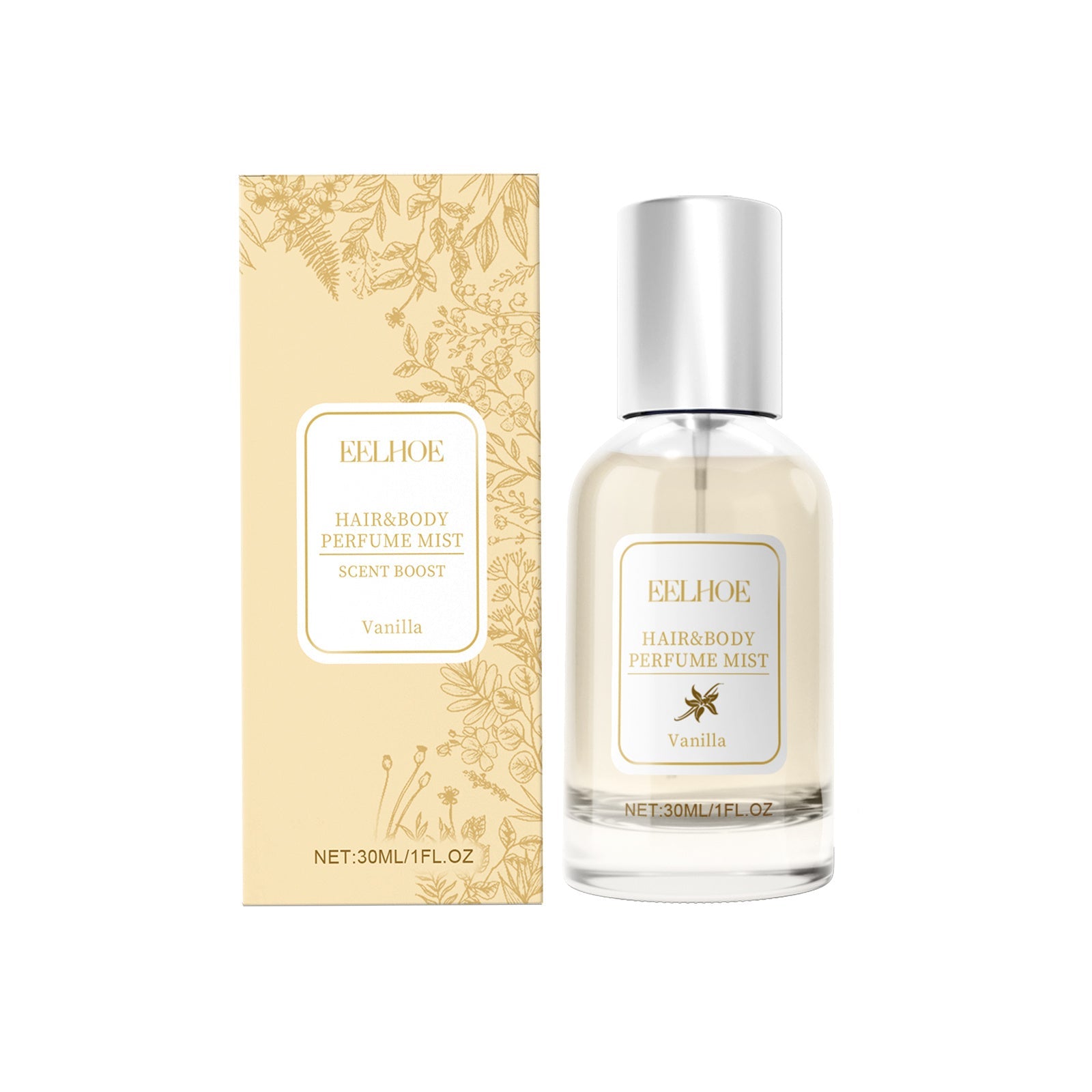 EELHOE Vanilla Body Hair Perfume by Zenvia Beauty, featuring a sleek bottle with a soft vanilla scent and elegant design.
