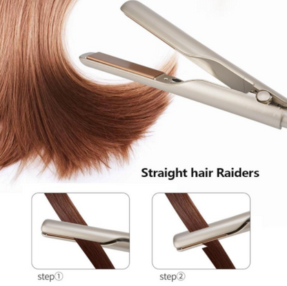 Hair straightener being used on hair with text 'Straight hair Raiders' and step illustrations.
