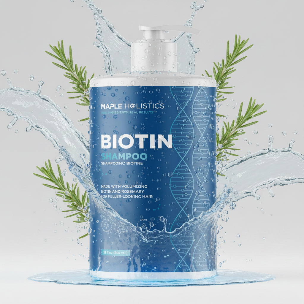 Zenvia Beauty volumizing biotin shampoo bottle for thinning hair, with a sleek design and clear label in a bathroom setting