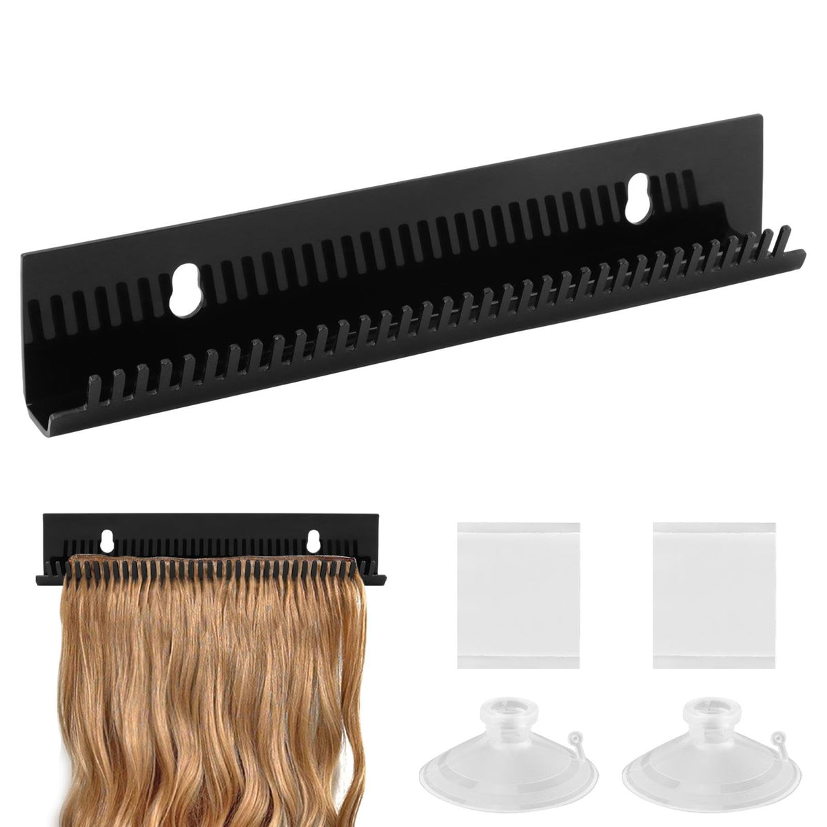 Black hair extension styling holder with suction cups