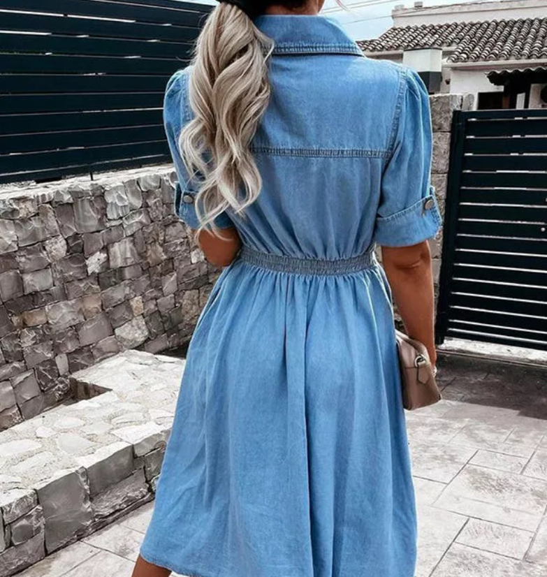 Women's casual denim dress by Zenvia Beauty, featuring a knee-length fit, classic collar, and button-down front.