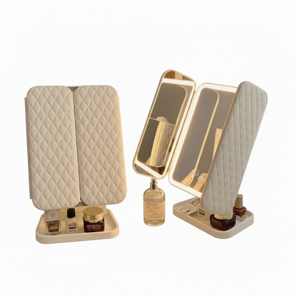 Two LED makeup mirrors with quilted design on a white surface.