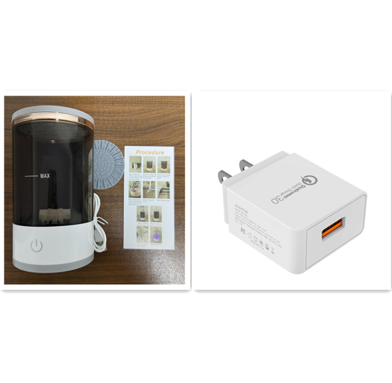 Electric makeup brush cleaner by Zenvia Beauty showing the compact device with rotating brush heads for easy cleaning.