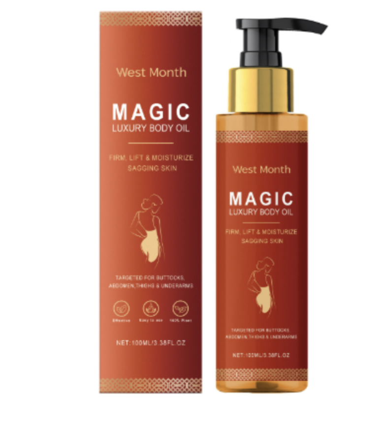 Zenvia Beauty Magic Body Oil Glow bottle with a sleek design, showcasing its shimmering, hydrating formula for radiant skin.