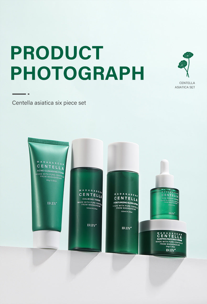 Zenvia Beauty Centella Skin Repair Kit with skincare bottles and tubes for soothing and healing skin treatment.