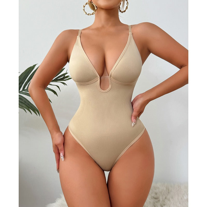 Zenvia Beauty deep V shapewear bodysuit shown on a model, seamless design, smooth fit, and supportive fabric for shaping and contouring.
