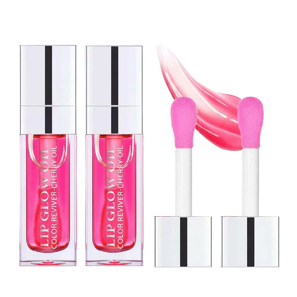 Zenvia Beauty Luvra Hydrating Lip Glow Oil with clear glass applicator and shiny lip gloss inside.