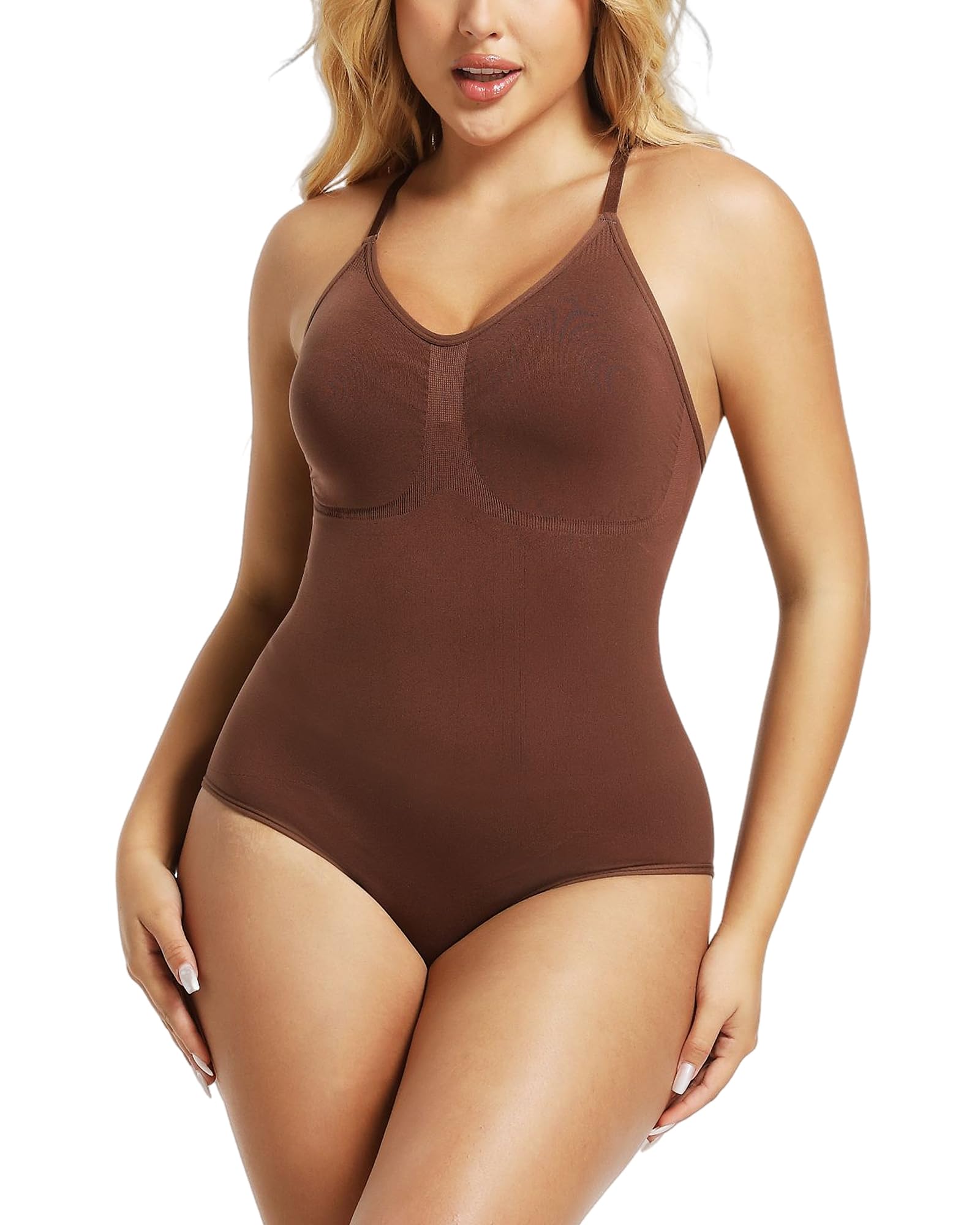 Zenvia Beauty seamless sculpting bodysuit shown on a model, highlighting its smooth fit and contouring design.