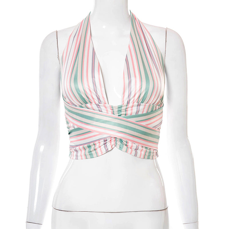 Women’s halter neck stripe blouse T-shirt by Zenvia Beauty, featuring a stylish halter neckline and bold stripe pattern.