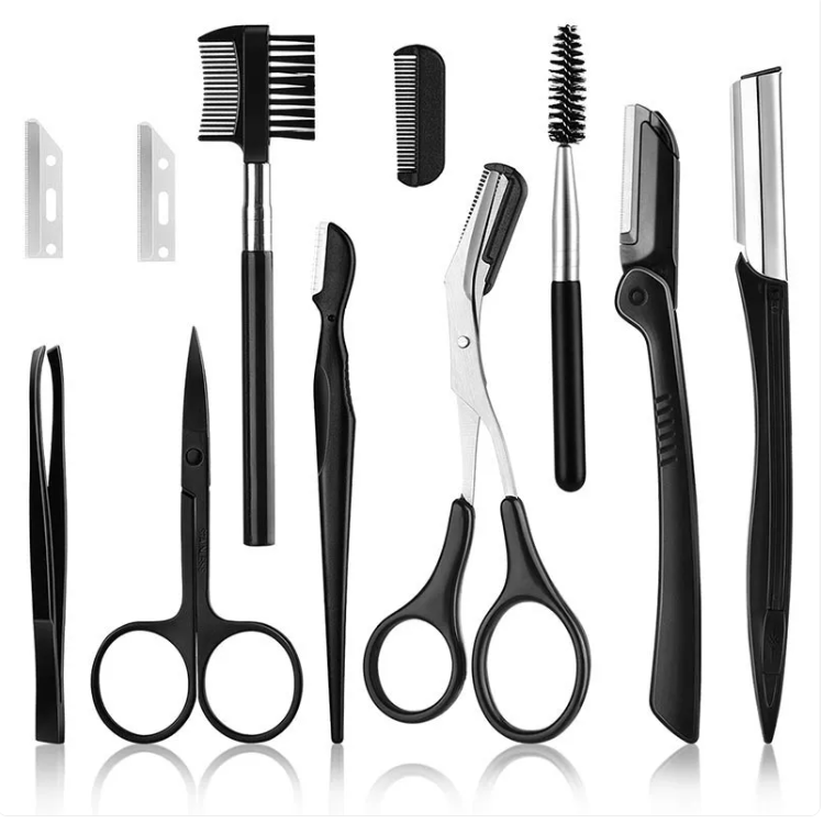 Zenvia Beauty black eyebrow trimming set with tweezers, scissors, and brush for precise eyebrow grooming.