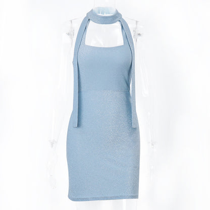 Women's Shiny Backless Ribbon Dress