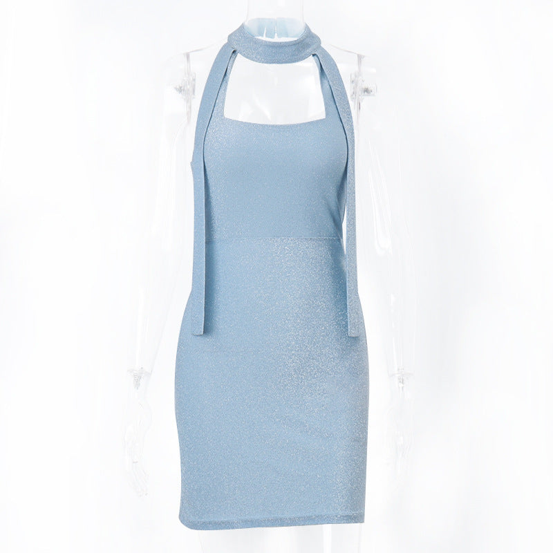 Women's shiny backless ribbon dress by Zenvia Beauty, featuring a sleek design and elegant backless style with ribbon detailing.