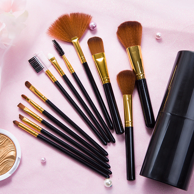Zenvia Beauty 12-piece makeup brush set with various brushes for foundation, eyes, and blush, arranged on a white background.