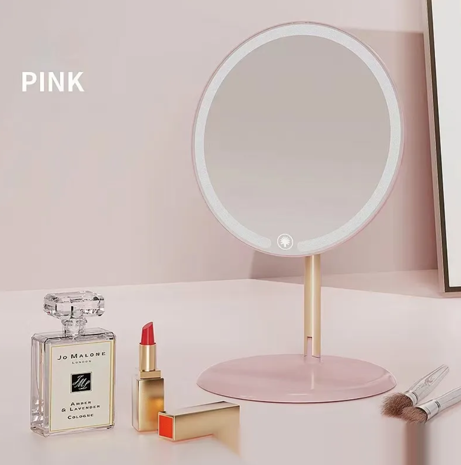 VividAura LED Desk Mirror from Zenvia Beauty FoldBright Series, featuring adjustable LED lighting and a sleek, foldable design.