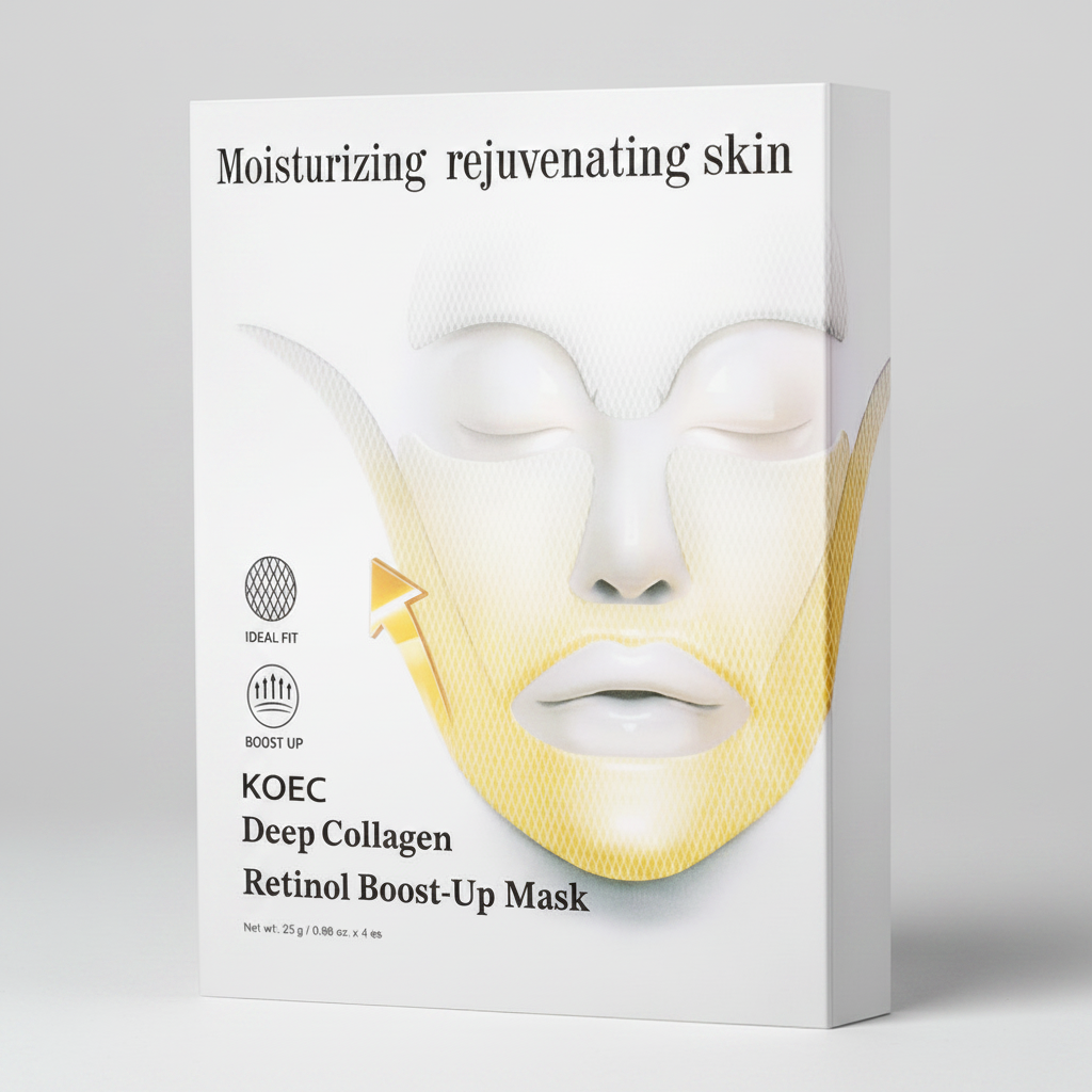 Zenvia Beauty Collagen Lifting Face Mask shown on a woman with smooth, glowing skin, showcasing a skincare treatment for firming and hydration.