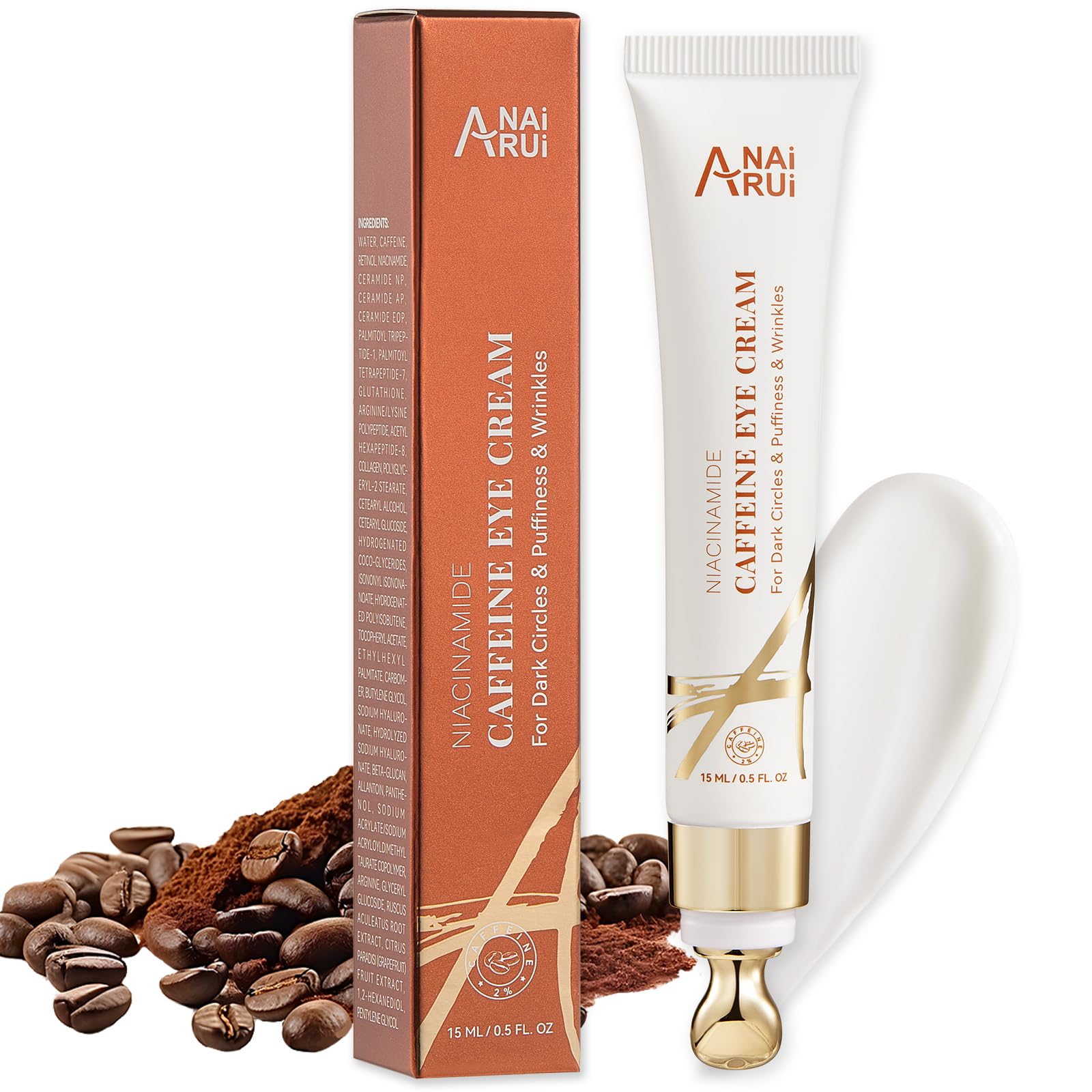 ANAI RUI Caffeine Eye Cream Niacinamide Eye Cream for Dark Circles and Puffiness Anti Aging & Friming Eye Cream with Eye Roller Caffeine Under Eye Cream for Puffy Eyes Bag Treatment 0.5 FL.OZ
