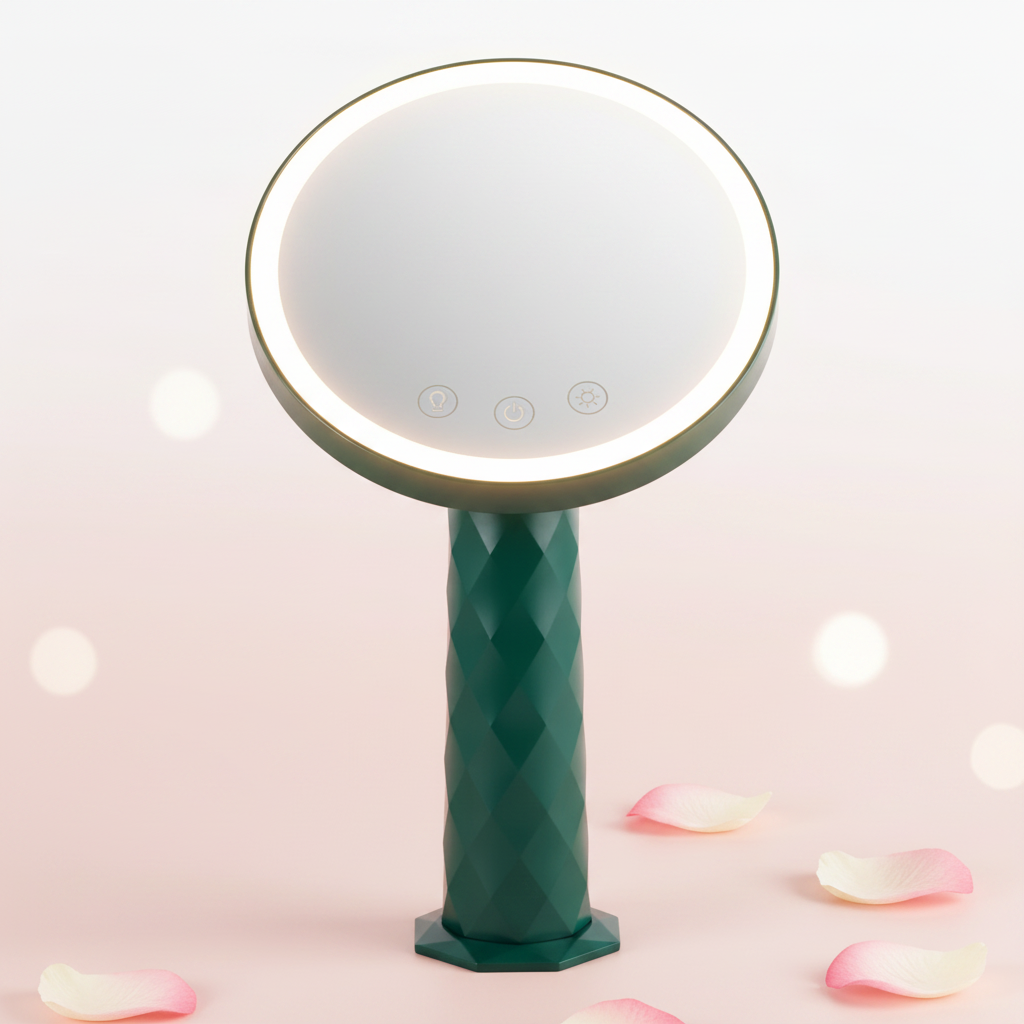 VividAura LED desk mirror from Zenvia Beauty FoldBright Series with adjustable brightness and sleek modern design.