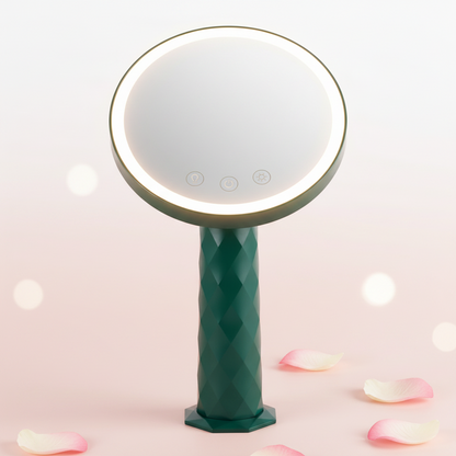Green handheld mirror with LED lights and control buttons on a white background