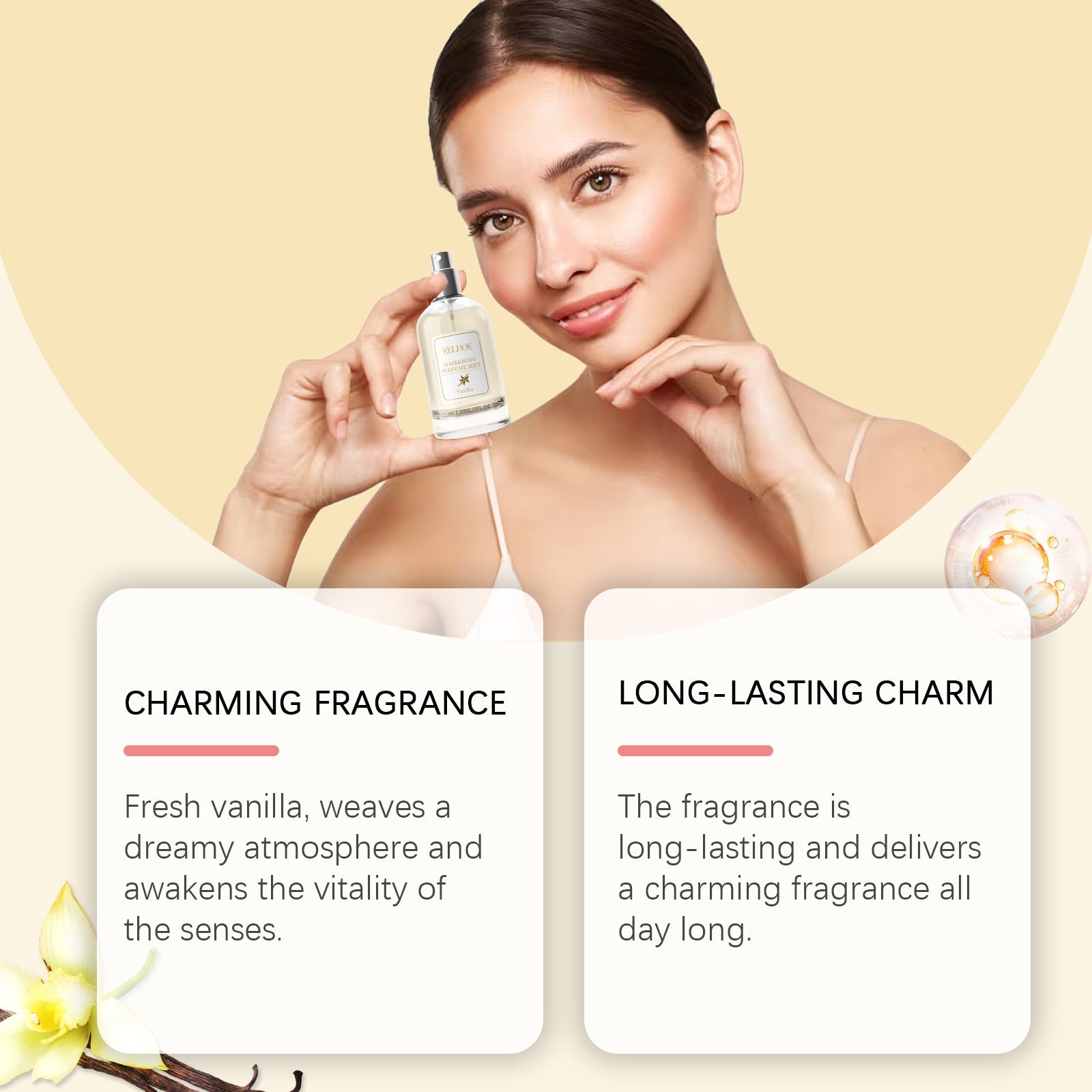 EELHOE Vanilla Body Hair Perfume bottle from Zenvia Beauty with a sleek design and vanilla scent, displayed on a neutral background.
