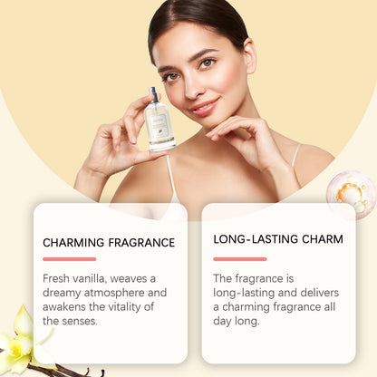 Woman holding a perfume bottle with product features highlighted on a beige background