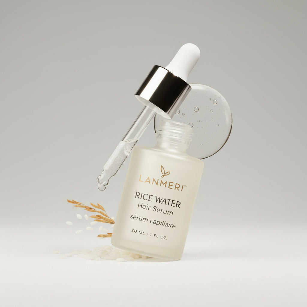 Zenvia Beauty Yao Rice Water Oil bottle showing clear liquid inside and label with product name on the front.