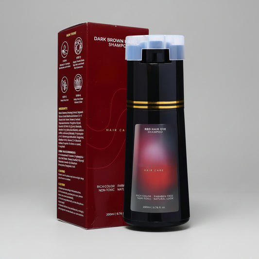 Hair care product with packaging, shampoo bottle, and color samples on a white background