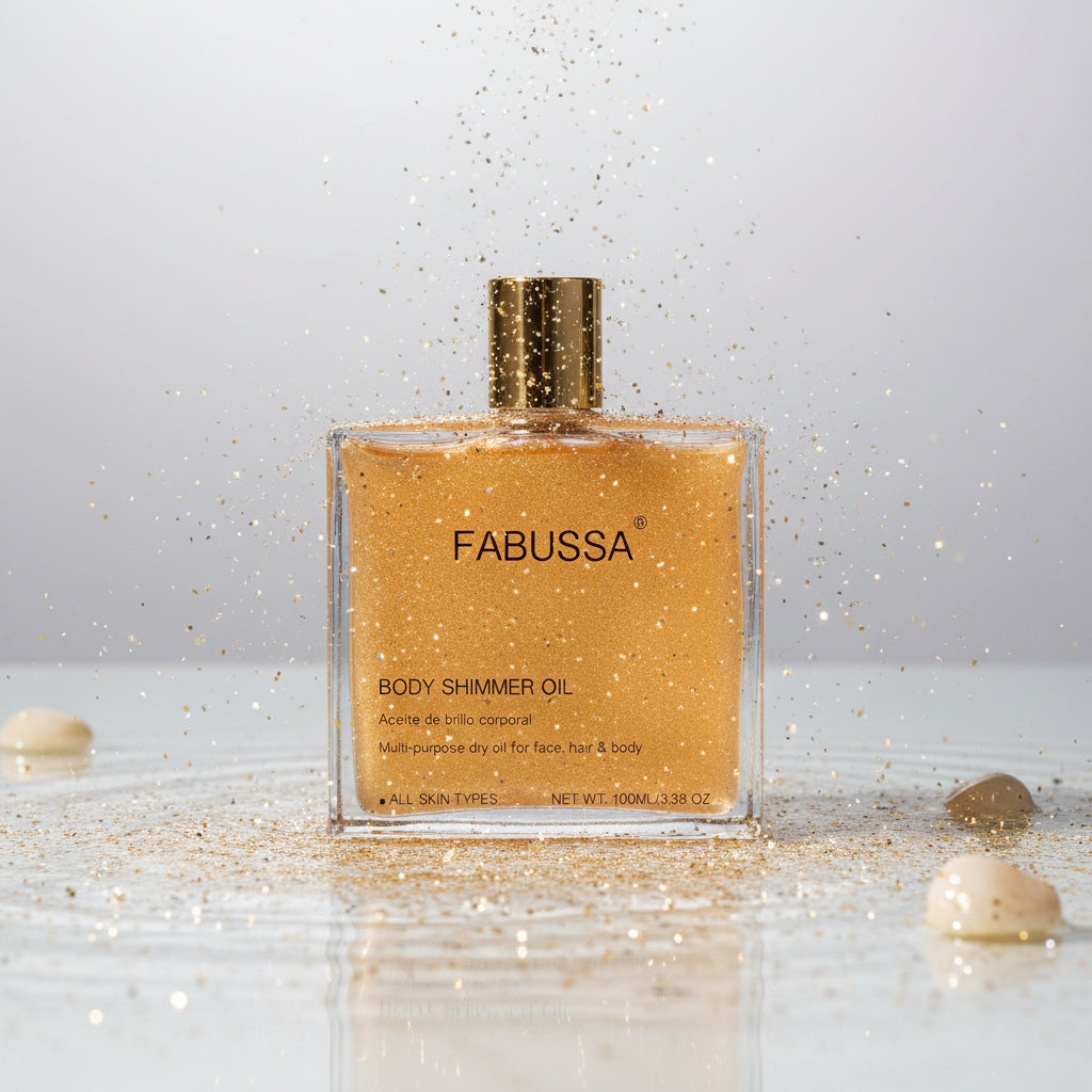 Zenvia Beauty FABUSSA Body Shimmer Oil bottle with a sleek design, showcasing a shimmering, golden body oil for radiant skin.
