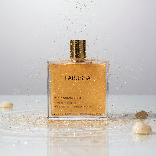 FABUSSA body shimmer oil bottle on a white background