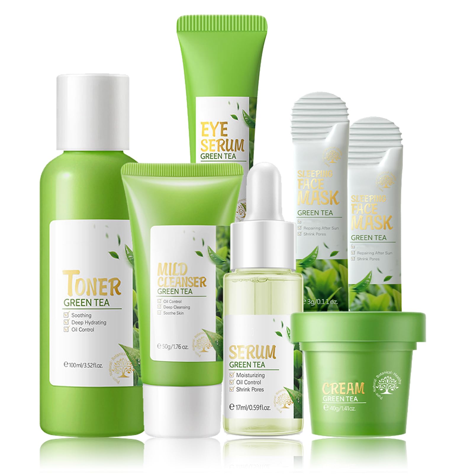 Zenvia Beauty green tea skincare gift set with various products arranged in a gift box.