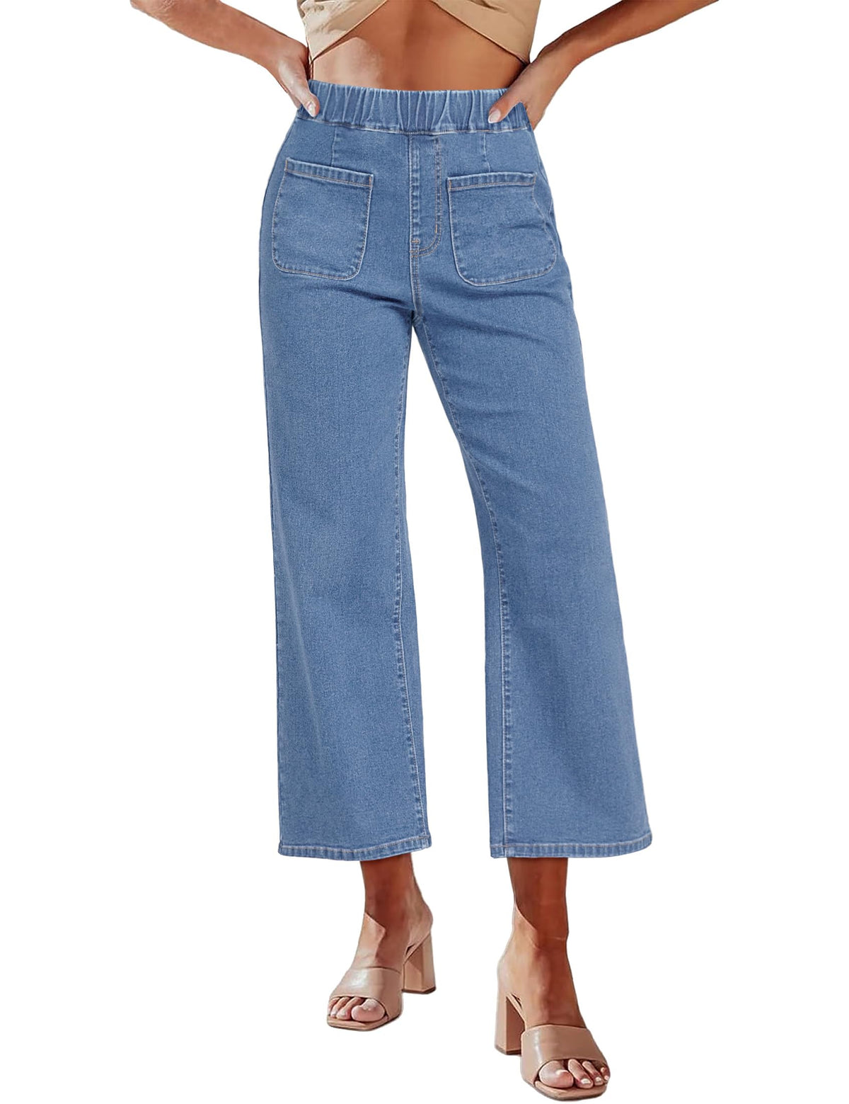 luvamia Wide Leg Jeans for Women Pull On High Waisted Cropped Jeans Denim Pants Stretchy Roadknight Blue — product view 2