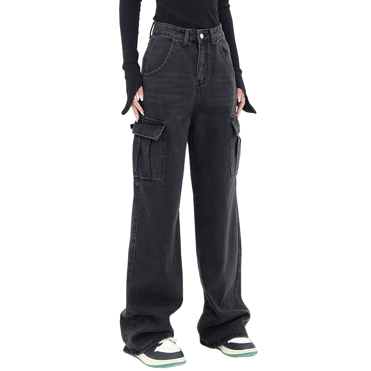 LONGYIDA Womens High Waisted Cargo Jeans Straight Wide Leg Stretch Baggy Jeans Y2K Casual Loose Denim — product view 2