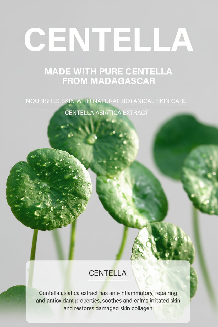 Zenvia Beauty Centella Skin Repair Kit with serum and cream, featuring soothing ingredients in sleek packaging.