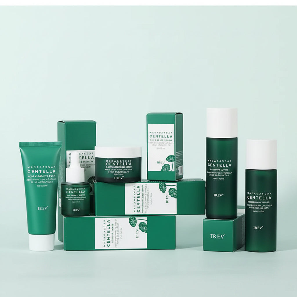 Zenvia Beauty Centella Skin Repair Kit with skincare products, tubes, and containers arranged for facial healing and rejuvenation.