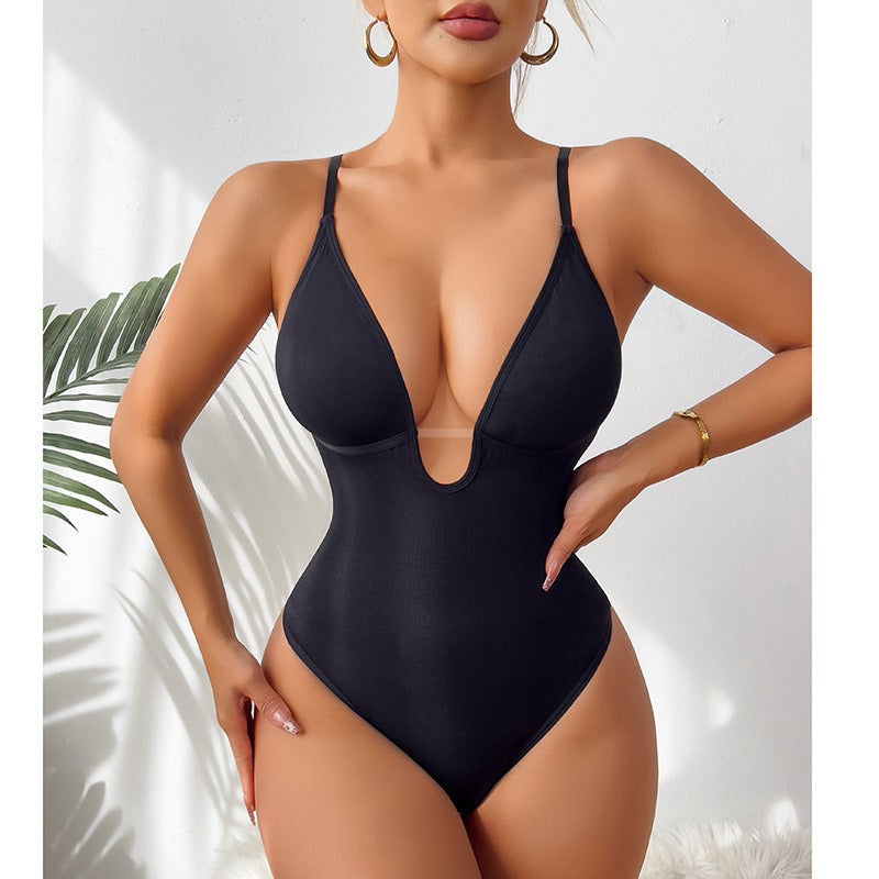 Zenvia Beauty Deep V shapewear bodysuit shown on a mannequin, smooths curves and provides support with a deep V neckline.