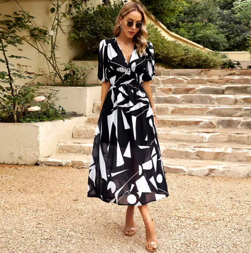 V-Neck Printed Beach Maxi Dress