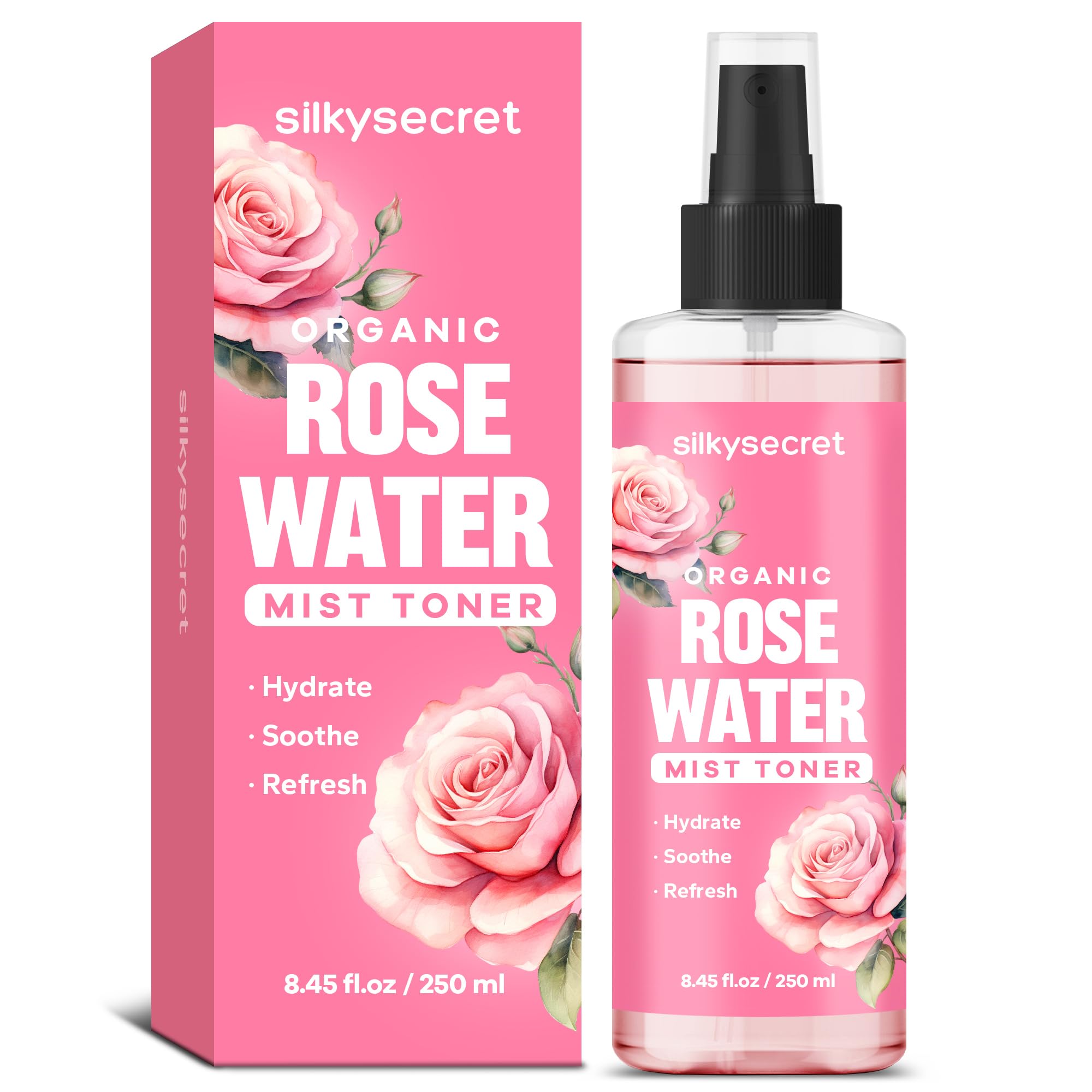 SilkySecret Organic Rose Water Spray (8.45 Fl Oz) Rosewater Spray
