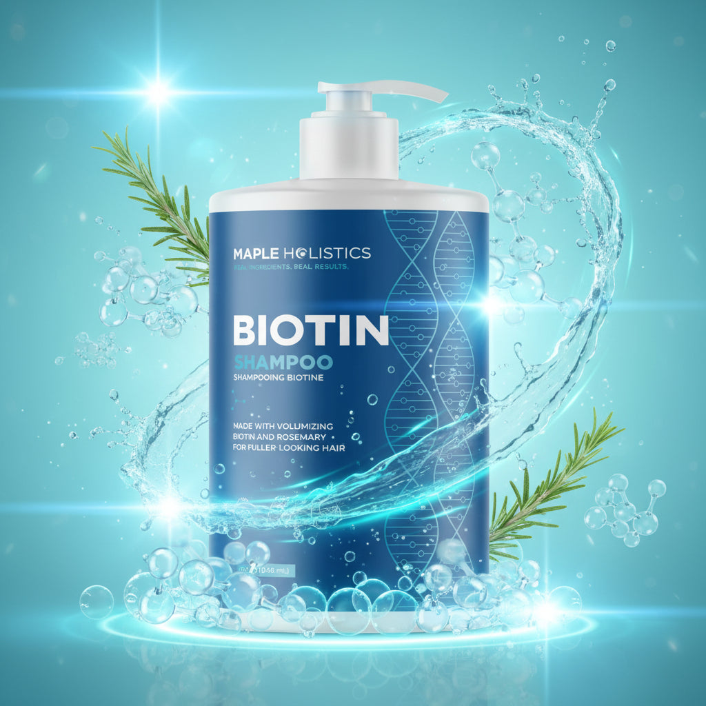 Zenvia Beauty volumizing biotin shampoo for thinning hair, showing a clear bottle with label and golden shampoo inside.