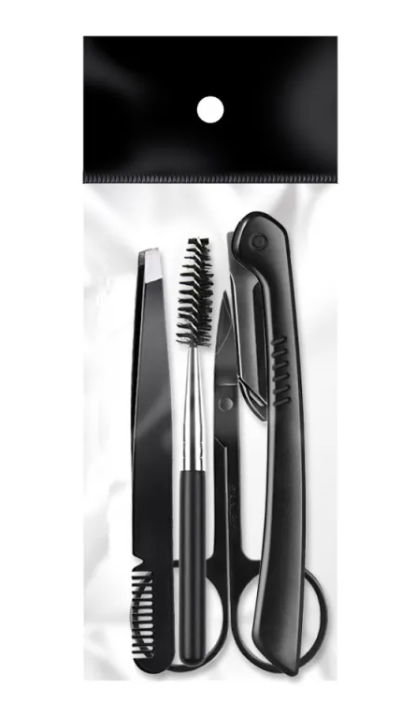 Zenvia Beauty black eyebrow trimming set with tweezers, scissors, and brush for precise eyebrow grooming and shaping.