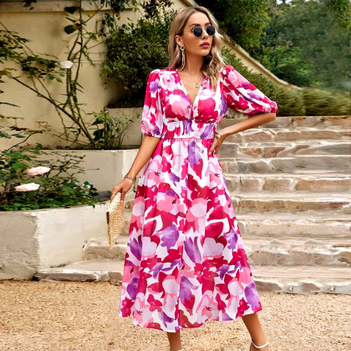 V-Neck Printed Beach Maxi Dress