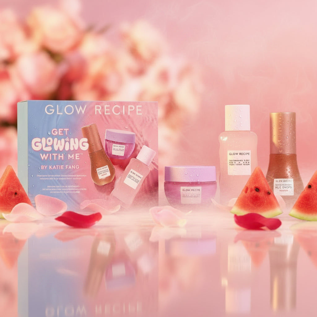 Glow Recipe skincare collection by Zenvia Beauty featuring skincare bottles, jars, and packaging with vibrant design elements.