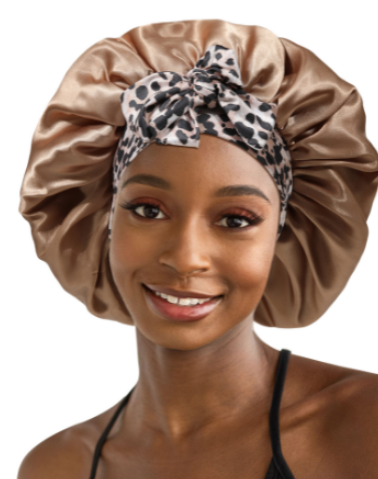Zenvia Beauty double satin hair care cap draped over a head, soft satin fabric designed to protect hair during styling or sleeping.