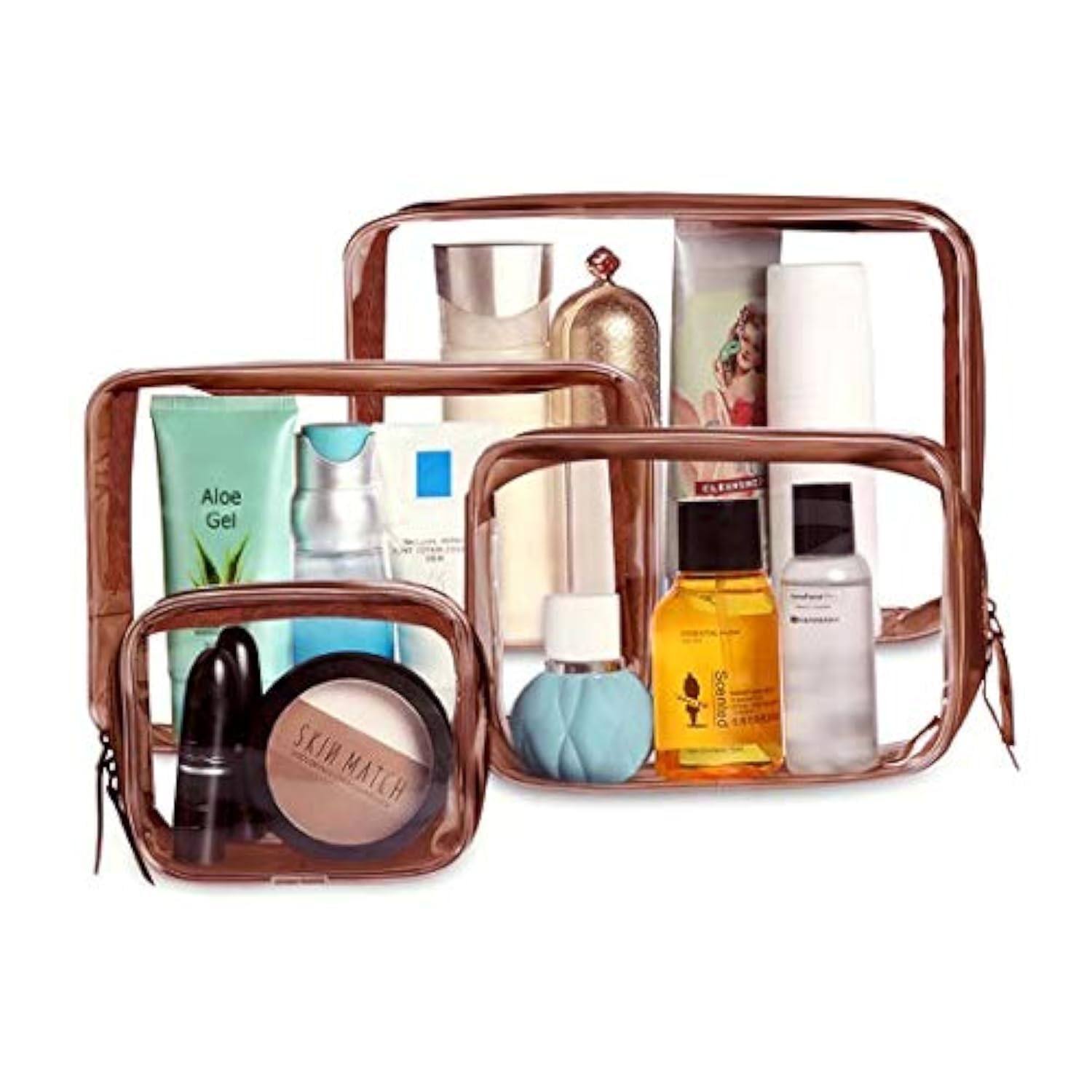 Clear makeup travel bags set by Zenvia Beauty with multiple transparent zippered pouches for cosmetics and toiletries.