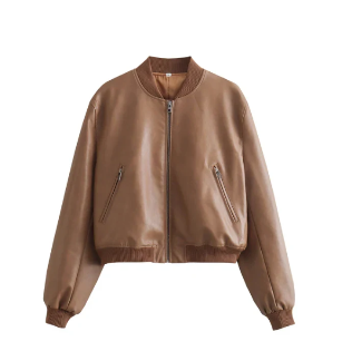 Women's vintage PU leather bomber jacket in a fall-ready neutral color